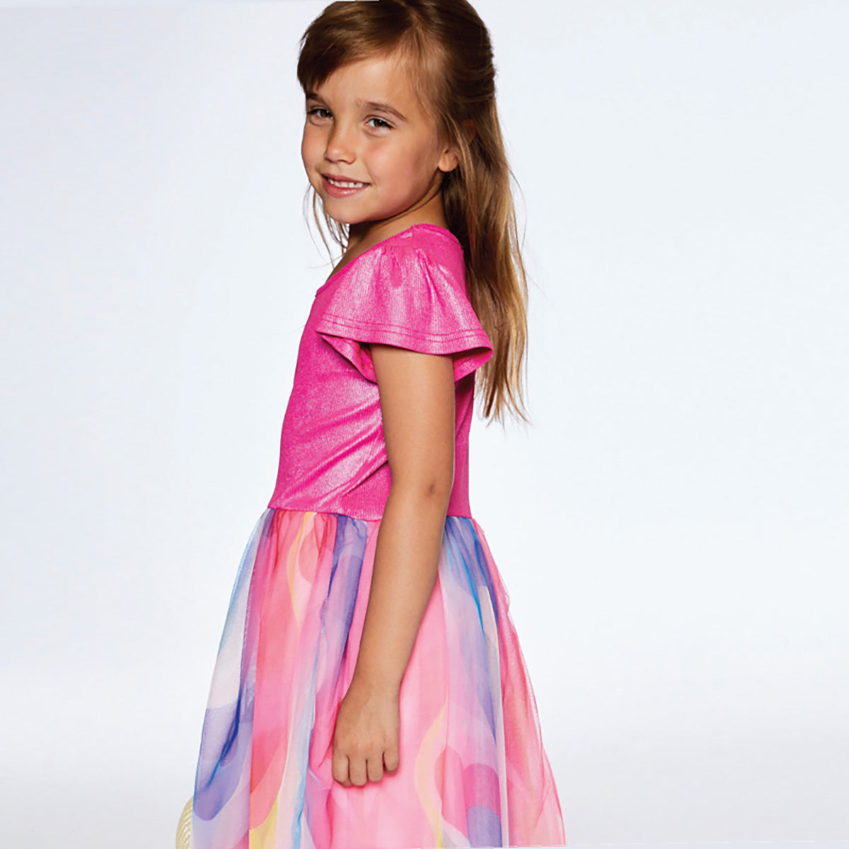Deux Par Deux - Paparazzi Girls Shimmer Knit Dress w/Tulle Skirt - Rai Deux Par Deux - Paparazzi Girls Shimmer Knit Dress w/Tulle Skirt - Rai