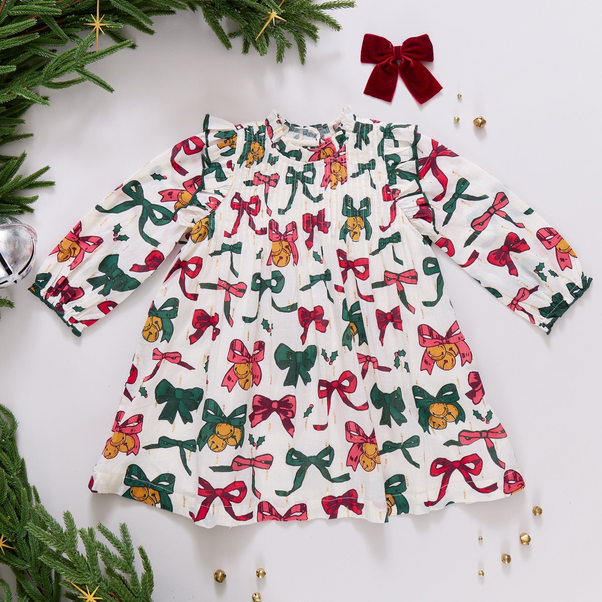 Pink Chicken Christmas Bows & Bells Jaipur Dress 10Y