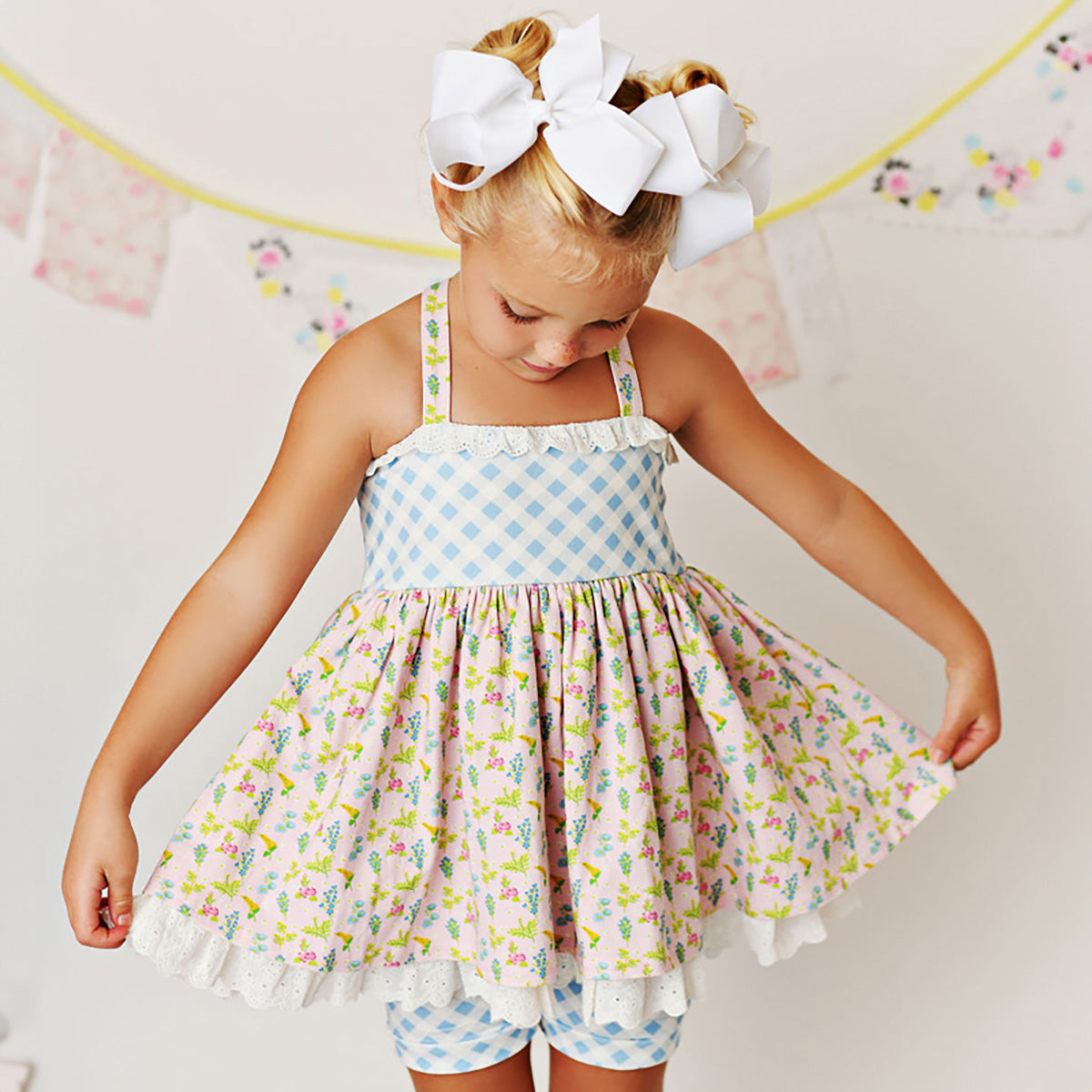 Serendipity Clothing - Blue Bonnet 2pc Layered Eyelet Trim Tunic Top & Shorties - Multicolor / 4T Serendipity Clothing - Blue Bonnet 2pc Layered Eyelet Trim Tunic Top & Shorties - Multicolor / 4T